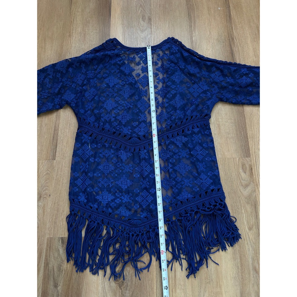 Chicos Royal Blue Lace Fringe Kimono Cardigan Boho 3 XL crotchet semi sheer - Picture 6 of 6